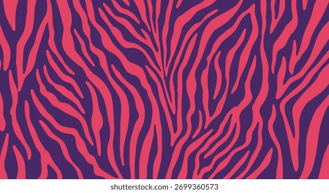 A vibrant and bold abstract zebra print pattern featuring striking reddish-pink stripes on a deep purple background, creating a trendy design.