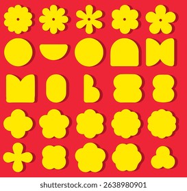 A Vibrant and Bold Collection of Stylized Yellow Geometric and Floral Shapes, Including Various Flower Forms, Circles, and Abstract Elements