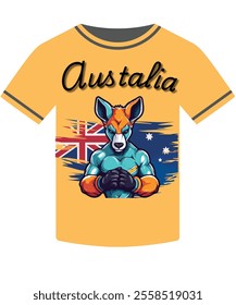 A vibrant and bold design featuring a muscular kangaroo with an Australian flag background, perfect for showcasing pride and strength. Ideal for sportswear or national pride apparel.