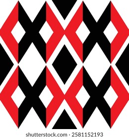 A vibrant and bold geometric pattern featuring repeating diamonds and triangles in red, white, and black.