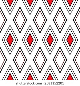 A vibrant and bold geometric pattern featuring repeating diamonds and triangles in red, white, and black.