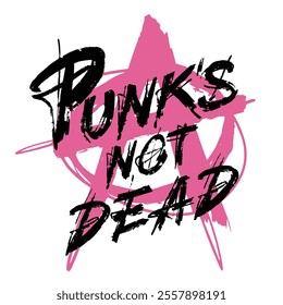 A vibrant and bold graphic displays the phrase Punks not dead framed by a pink star. The design embodies a rebellious spirit often associated with punk culture and music.