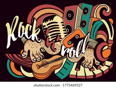 Vibrant bold music doodle for Rock n Roll with hands playing a keyboard, guitar, speakers and musical notes, colored vector illustration