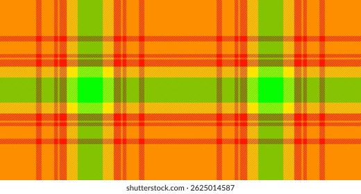 Vibrant, bold plaid pattern in sunny orange, lime green, and yellow. Perfect for textile design, fashion, websites, or any project needing a cheerful, energetic backdrop.