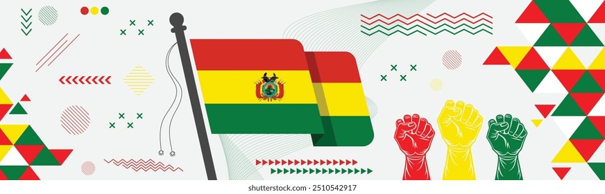 Vibrante Anuncio del día nacional de Bolivia con la bandera de Bolivia con los puños en alto y un fondo abstracto geométrico, que simboliza la unidad, la fuerza y el orgullo nacional por la independencia del país