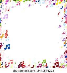 A vibrant border of assorted music notes on a white background, perfect for musical event themes or artistic compositions.