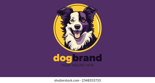 Vibrant Border Collie Dog Mascot Cartoon Logo: Iconic Vector Design with Hand-Drawn Illustration in Yellow and Purple