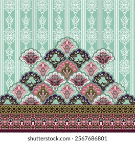 Vibrant Border, dupatta designs with ethnic floral arrangements and geometric borders for textiles, wallpapers, and gift wraps.