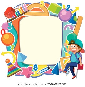 A vibrant border of educational tools and shapes