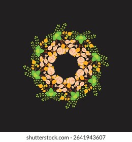 A vibrant botanical digital art piece featuring an autumn-themed wreath of orange and green leaves and berries on a dark background, symbolizing natures beauty and harvest season.