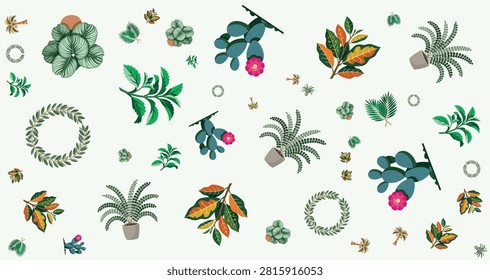 Vibrant botanical elements including leaves and flowers in green and orange hues perfect for nature themed designs and creative projects