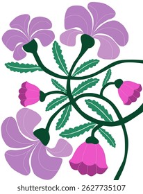 A vibrant botanical illustration abstract purple and pink flowers with dark green leaves.