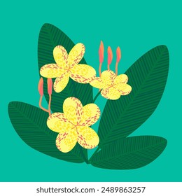 A vibrant botanical illustration featuring yellow flowers with red speckles and pink buds. The composition includes large, textured green leaves, set against a teal background. Hand-drawn illustration