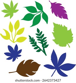 A vibrant botanical pattern combining various plant leaves. Suitable for textile prints, packaging, and green-themed designs.