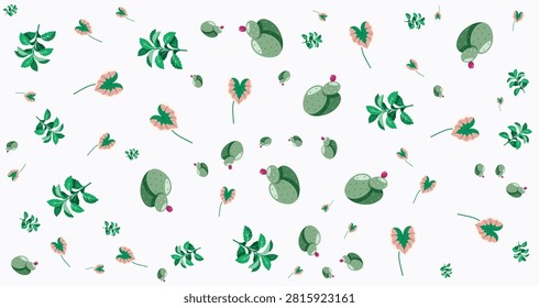 A vibrant botanical pattern featuring green leaves carrots and plant elements set against a white backdrop ideal for natural and eco-friendly design projects