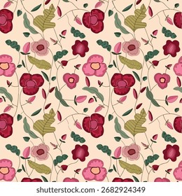 A vibrant botanical pattern featuring lush crimson and soft pink blossoms intertwined with subtle green foliage against a warm, muted background, evoking a classic garden charm.