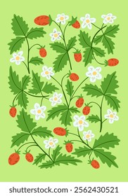 Vibrant botanical pattern with strawberry plants, green leaves, and white flowers on light green background. Vintage summer hand drawn vector interior poster in 60s style