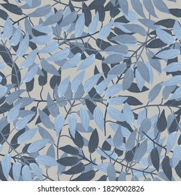 Vibrant botanical seamless pattern with cartoon overlay light and dark blue leaves and branches on gray background. Lovely floral texture with herbs for textile, wrapping paper, surface, wallpaper