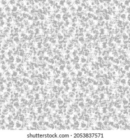 Vibrant botanical seamless pattern with cartoon overlay light and dark grey leaves and branches on white background. Lovely floral texture with herbs for textile, wrapping paper, surface, wallpaper