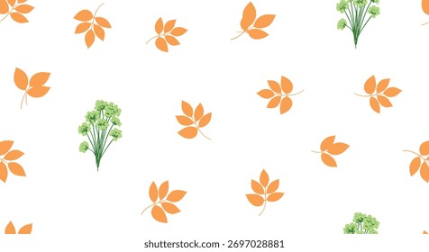 Vibrant botanical seamless pattern featuring randomly scattered orange leaves and fresh green flower bunches on a clean white background.