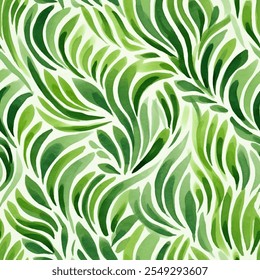 Vibrant botanical seamless pattern of lush green leaves. Watercolor artwork with fresh and invigorating palette tranquility and aesthetic appeal. Intricate details and vivid colors