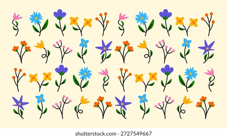 Paquete de pegatinas botánicas vibrantes con flores abstractas y plantas decorativas. Flores divertidas dibujadas a mano, Formas orgánicas audaces y hojas expresivas inspiradas en el arte funky e hippie de los coloridos años 90. conjunto de Ilustración vectorial