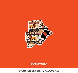 Um vibrante adesivo de mapa de Botsuana decorado com motivos tribais e símbolos culturais — ideal para marcas de viagem, artesanato e projetos modernos de inspiração africana.	