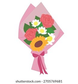 Vibrant bouquet of assorted flowers, including roses, daisies, and a sunflower, elegantly wrapped in pink paper with a matching ribbon. with intricate details.