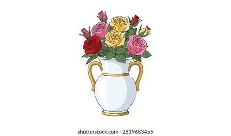 A Vibrant Bouquet of Assorted Roses in a Classic White Urn with Golden Handles on a White Background