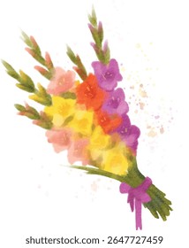 Vibrant bouquet of gladiolus flowers tied with a purple ribbon. Hand-painted watercolor-style illustration, perfect for greeting cards, seasonal designs, or school celebrations