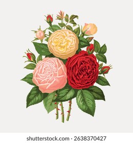 A vibrant bouquet illustration featuring red, pink, and yellow roses with lush green leaves. The roses are detailed and colorful, creating a lively floral arrangement. Vintage art illustration vector.