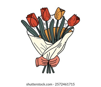 Vibrant Bouquet of Tulips with a Delicate Ribbon Wrap for a Romantic and Elegant Floral Celebration Theme Vector illustration