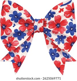 A vibrant bow featuring a red and blue floral pattern, isolated on a clean white background, perfect for decorative purposes.