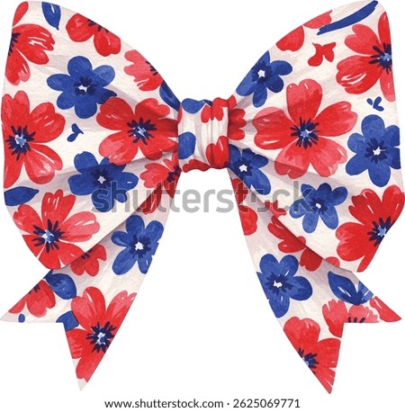A vibrant bow featuring a red and blue floral pattern, isolated on a clean white background, perfect for decorative purposes.