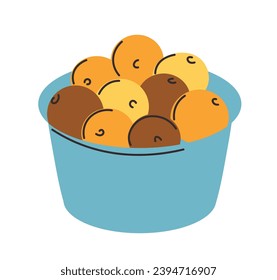 Vibrant bowl or plastic container with fresh fruits. Healthy and organic nutrition full of vitamins, antioxidants and fiber abound. Nourishing ensemble that supports well being. Vector in flat style