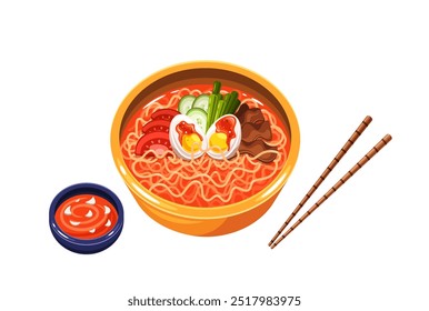 Vibrant Bowl Of Traditional Korean Ramen Served With Fresh Ingredients Including Egg, Vegetables, And Meat