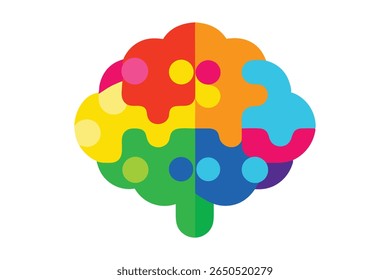 Uma vibrante ilustração cerebral feita de peças únicas e padronizadas de quebra-cabeças. Design abstrato, colorido e inclusivo que simboliza diversidade, unidade e saúde mental. Vetor de alta qualidade sobre fundo branco.