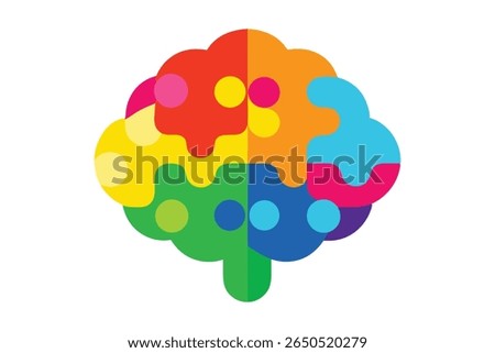 A vibrant brain illustration made of unique, patterned puzzle pieces. Abstract, colorful, and inclusive design symbolizing diversity, unity, and mental health. High-quality vector on white background.