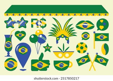 Vibrant Brazilian Fiesta vector Clip Art Collection. Set features festive isolated elements in iconic colors of the Brazilian flag: kissing lips, football, coffee bean, flags, emblems, decoration