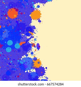 Vibrant bright blue and orange over beige watercolor artistic splashes frame with room for text. Vector illustration, square format.