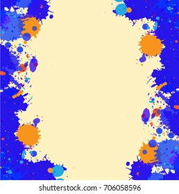 Vibrant bright blue and orange over beige watercolor artistic splashes frame with room for text. Vector illustration, square format.