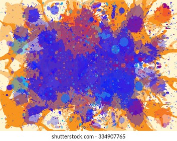 Vibrant bright blue and orange paint artistic splashes background, horizontal format.