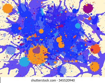 Vibrant bright blue and orange paint artistic splashes background, horizontal format.