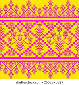 Vibrant bright colorful summer theme classic pixel textile yellow and pink magenta floral geometric motifs ethnic seamless surface prints fabrics digital art home decoration culture art project