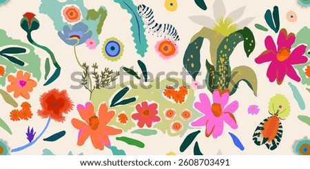 Vibrant bright flower garden pattern. Dynamic hand drawn botanical print. Fashionable template for design. 