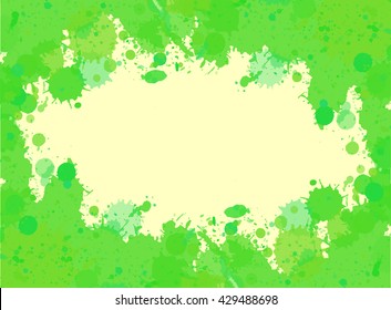 Vibrant bright green watercolor paint artistic splashes frame with room for text, horizontal format.