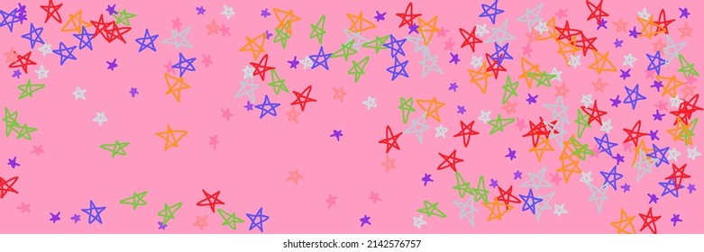 Vibrant Bright Kids Green Lavender Pastel Red Illustration. Pastel Purple Vivid Pink Red Lavender Stars Handdrawn Stars. Green Childish Violet Grey Orange Pinky Naive Chaotic Background.