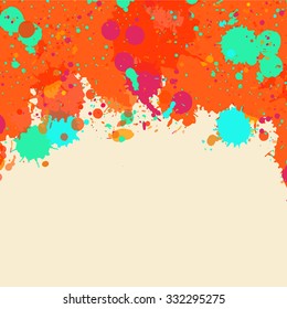 Vibrant bright orange and green watercolor artistic splashes frame with room for text, square format.