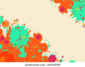 Vibrant bright orange and green watercolor artistic splashes frame with room for text, horizontal format.