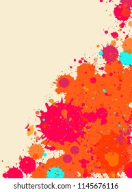 Vibrant bright orange over beige watercolor artistic splashes frame with room for text. Vector illustration, vertical format.